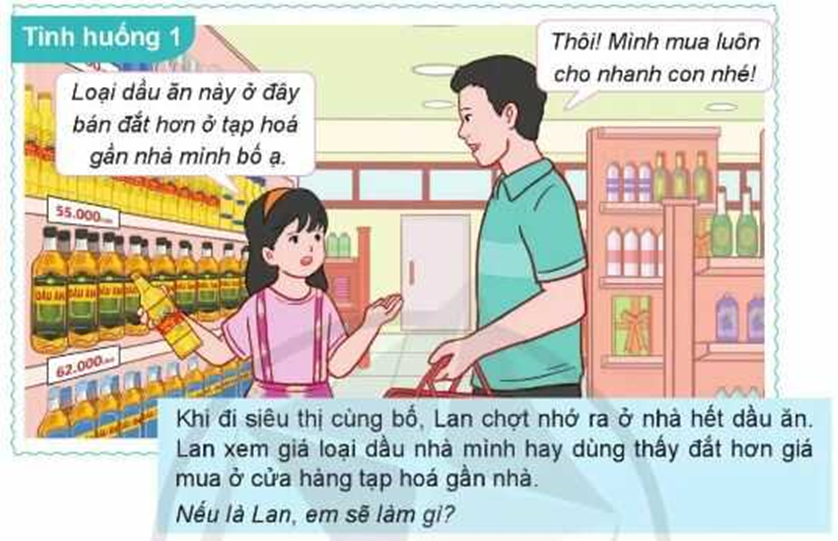 4. Thực hành mua sắm thông minh Quan sát tranh và thảo luận cách xử lí trong mỗi tình huống sau:     Đóng vai (ảnh 1)