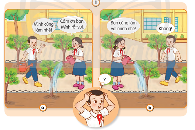 Quan sát tranh và chọn cách thiết lập quan hệ bạn bè. Vì sao em chọn cách đó? (ảnh 1)