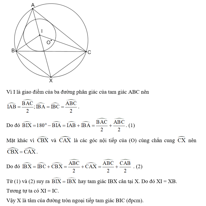 Cho tam giác ABC nội tiếp đường tròn (O) và ngoại tiếp đường tròn (I). Tia AI cắt  (ảnh 1)
