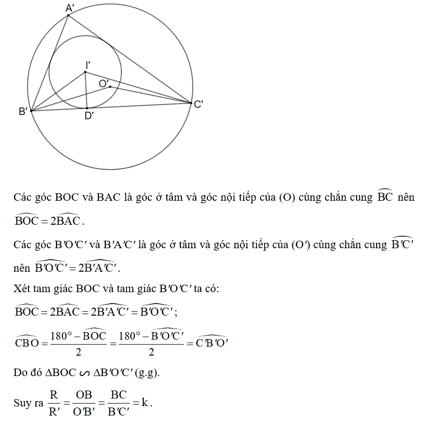 Cho ∆ABC ᔕ ∆A'B'C' với tỉ số đồng dạng k > 0. Gọi (O; R) và (O'; R') lần (ảnh 1)