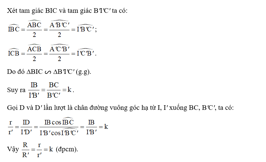 Cho ∆ABC ᔕ ∆A'B'C' với tỉ số đồng dạng k > 0. Gọi (O; R) và (O'; R') lần (ảnh 2)