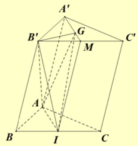 Cho khối lăng trụ ABC.A'B'C'có thể tích V = 12. Gọi G là trọng tâm tam giác A'B'C'và Ilà trung điểm BC. Thể tích khối chóp (B'.GAI bằng 	A. 2.	B. 3.	C. 4.	D. 1. (ảnh 1)