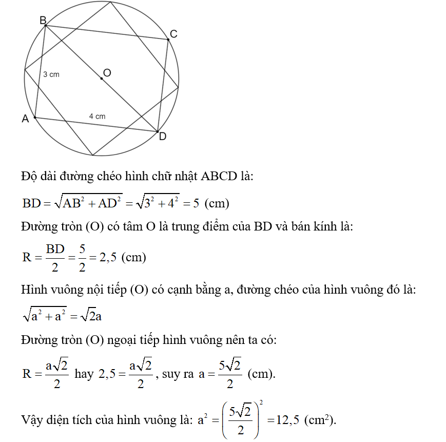 Cho hình chữ nhật ABCD nội tiếp đường tròn (O) với AB = 3 cm; AD = 4 cm. Vẽ một hình  (ảnh 1)