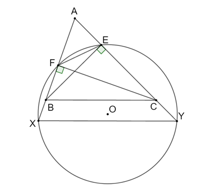 Cho tam giác nhọn ABC có các đường cao BE, CF. Một đường tròn (O) đi qua hai điểm (ảnh 1)