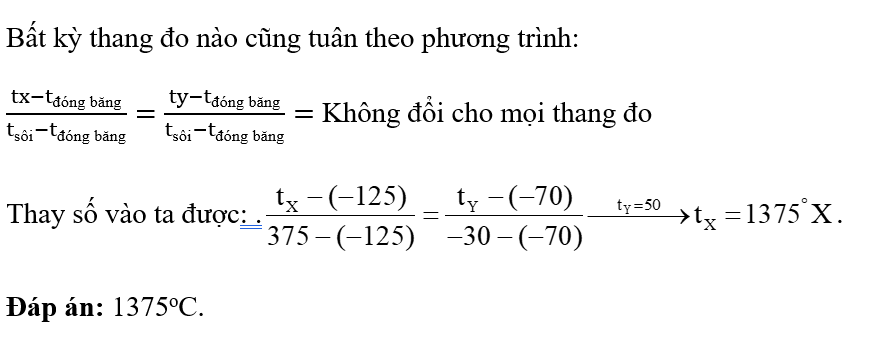 Trên một thang đo nhiệt độ X, điểm đóng băng và điểm sôi của nước lần lượt là −125 °X và 375 °X. Trên một thang đo nhiệt độ Y, điểm đóng băng và điểm sôi (ảnh 1)