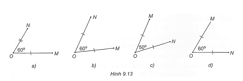 Hình nào dưới đây vẽ hai điểm M, N thoả mãn phép quay ngược chiều 60° tâm O biến N thành M? (ảnh 1)