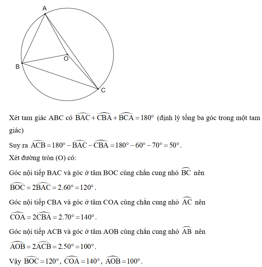 Cho tam giác ABC nội tiếp đường tròn (O). Tính số đo của các góc (ảnh 1)