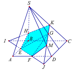 Cho hình chóp tứ giác \(S.ABCD,G\) là điểm nằm trong tam giác \(SCD\). Gọi \(E,F\) lần lượt là trung điểm của \(AB\) và \(AD\). Thiết diện của hình chóp khi cắt bởi mặt phẳng \(\left( {EFG} \right)\) là hình gì? 	A. Hình tam giác.	B. Hình tứ giác.	C. Hình ngũ giác.	D. Hình lục giác. (ảnh 1)