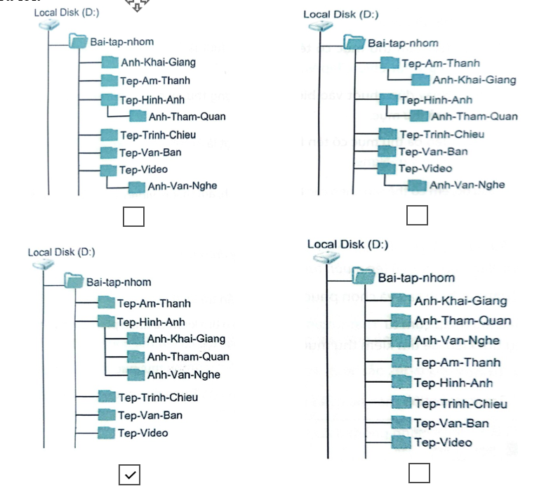 Theo em, phương án nào là hợp lí để tạo cây thư mục lưu trữ các tệp? Đánh dấu   vào ô trống đặt bên dưới phương án đúng. (ảnh 8)