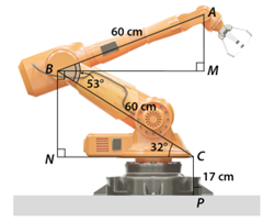 a) Cho tam giác \(OPQ\) vuông tại \(O\) có \(\widehat {Q\,} = 35^\circ \) và \(OQ = 10{\rm{ cm}}{\rm{.}}\) Tính độ dài các cạnh còn lại của tam giác \(OPQ\) (làm tròn kết quả đến hàng phần trăm đối với đơn vị của cm). b) Cánh tay robot đặt trên mặt đất và có vị trí như hình vẽ bên. Tính độ cao của điểm \(A\) trên đầu cánh tay robot so với mặt đất. (ảnh 1)