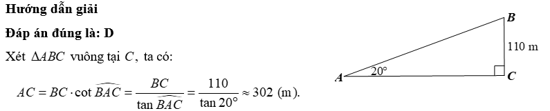 Cho tam giác \[ABC\] vuông tại \[C.\] Biết \(BC = 110\;\,{\rm{m}}\,;\,\,\widehat {BAC} = 20^\circ .\) Độ dài cạnh \[AC\] là A. 326.	B. 328.	C. 330.	D. 302. (Đơn vị tính: \(m;\) Kết quả làm tròn đến hàng đơn vị). (ảnh 1)