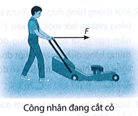 Một công nhân sử dụng máy cắt cỏ có tay cầm xiên góc 60° so với phương ngang. Người đó tác dụng một lực F nằm ngang có độ lớn (ảnh 1)