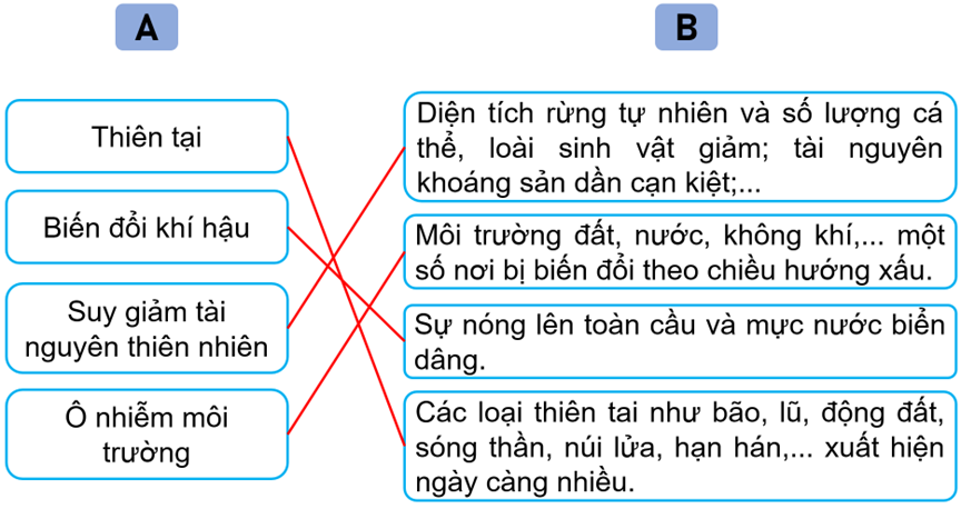 Nối thông tin ở cột A với thông tin ở cột B cho phù hợp về biểu hiện của các vấn đề môi trường trên thế giới. (ảnh 2)