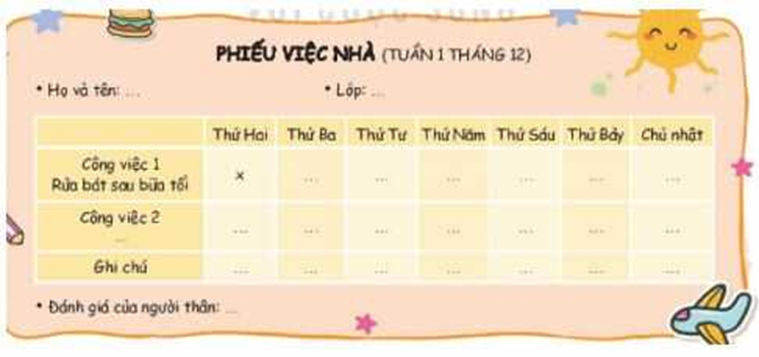 2. Lập phiếu việc nhà   - Lập phiếu theo dõi quá trình thực hiện việc nhà của em hằng ngày theo nội dung sau:  + Liệt kê (ảnh 1)