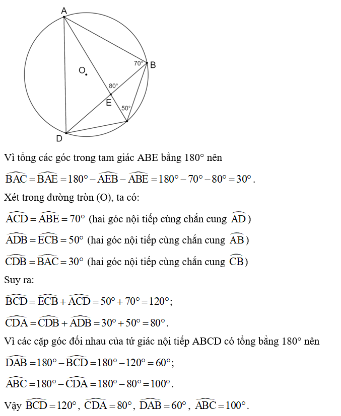 Cho tứ giác ABCD nội tiếp đường tròn (O), hai đường chéo AC và BD cắt nhau tại điểm (ảnh 1)