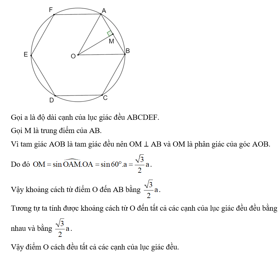 Cho lục giác đều ABCDE nội tiếp một đường tròn (O). Chứng minh rằng điểm O cách (ảnh 1)