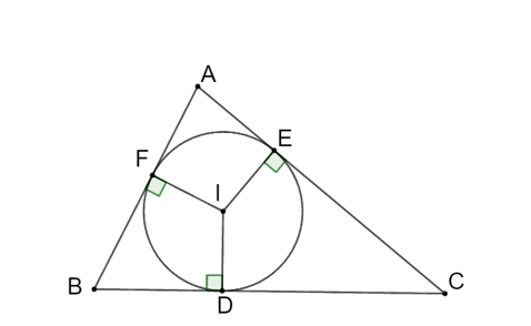 Cho tam giác ABC ngoại tiếp đường tròn (I). Đường tròn (I) tiếp xúc các cạnh (ảnh 1)