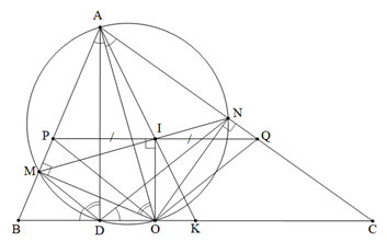 Cho tam giác \[ABC\] nhọn \[\left( {AB < AC} \right)\] có đường cao \[AD\] và đường phân giác trong \[AO\] \[\left( {D,O} \right.\] thuộc cạnh \[\left. {BC} \right).\] Kẻ \[OM\] vuông góc với \[AB\] tại \[M,\,\,ON\] vuông góc với \[AC\] tại \[N.\] (ảnh 1)