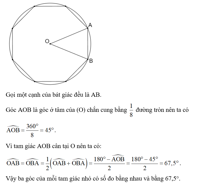 Cho một bát giác đều (đa giác đều có 8 cạnh) nội tiếp một đường tròn tâm O. Kẻ các (ảnh 1)