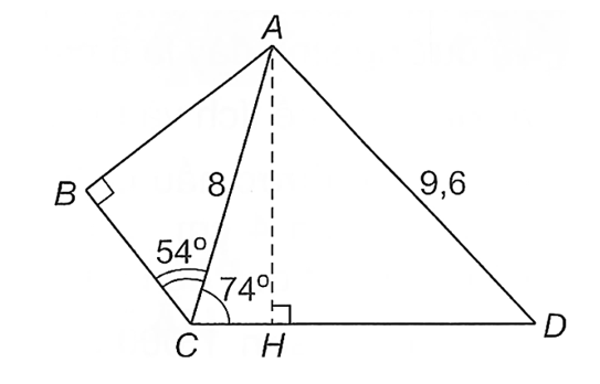 Trong hình bên, cho AC = 8 cm, AD = 9,6 cm, góc ABC = 90 độ, góc ACB = 54 độ  và góc ACD = 74 độ. Hãy tính:     (ảnh 1)