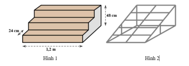 Một cầu thang nối liền sân và nhà có kích thước như hình vẽ. Chủ nhà dự định lát đá cẩm thạch trên bề mặt cầu thang (phần tô màu nâu hình 1) và làm một cái cầu thang dắt xe máy (hình 2) bằng Inox 304. Biết hai cầu thang có chiều cao bằng nhau và mặt thang dắt xe máy tạo với mặt phẳng sân một góc bằng \({21^ \circ }\). (ảnh 1)