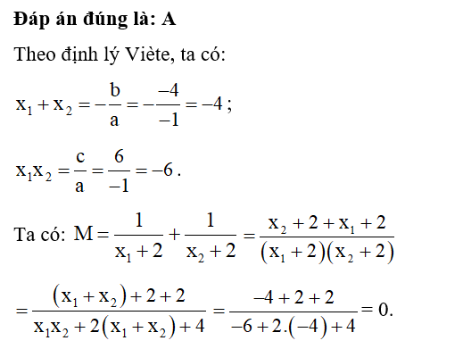 Gọi x1, x2 là hai nghiệm của phương trình –x2 – 4x + 6 = 0. Không giải phương trình (ảnh 1)