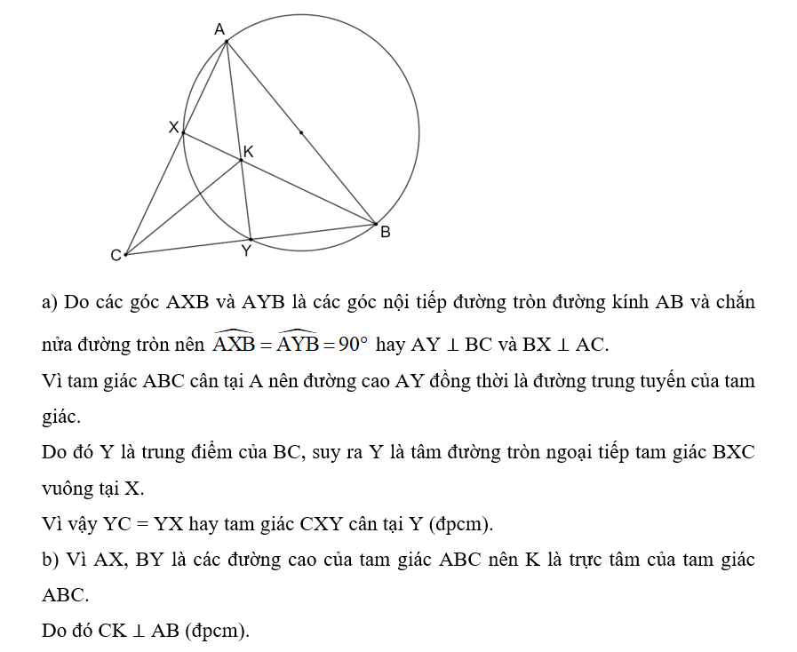 Cho tam giác nhọn ABC cân tại A. Đường tròn đường kính AB cắt các cạnh AC, BC của tam giác ABC tại (ảnh 1)