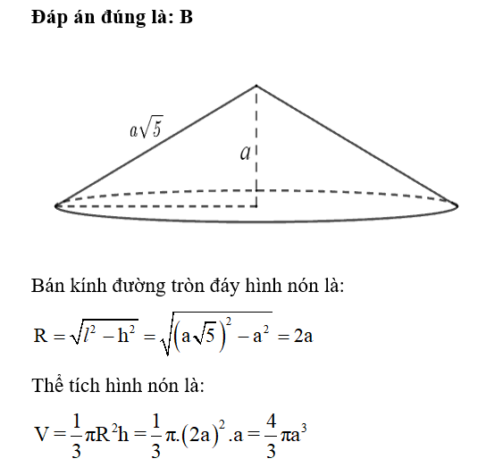 Thể tích V của hình nón có chiều cao bằng a và độ dài đường sinh bằng a căn bậc hai 5 là (ảnh 1)