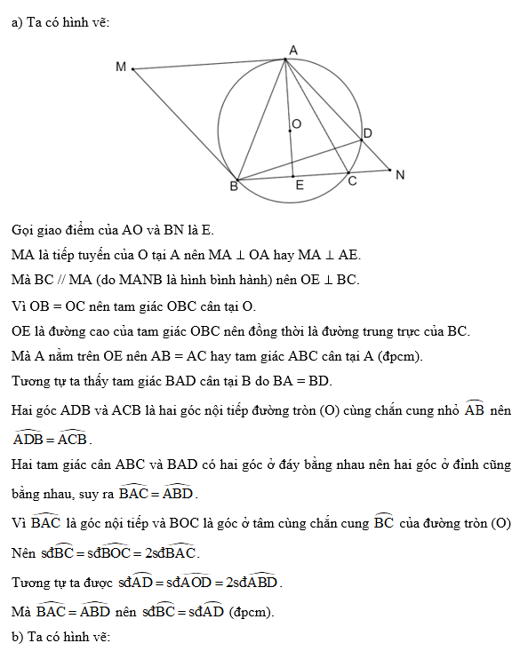 Cho hai tiếp tuyến MA và MB của đường tròn (O). Gọi N là điểm sao cho MANB là một hình bình hành. (ảnh 1)