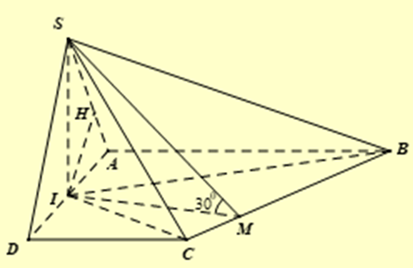 Cho hình chóp S.ABCD có đáy ABCD là hình thang vuông tại \(A\) và \(D\), \(AB = AD = 2a,CD = a\), góc giữa hai mặt phẳng \((SBC)\) và \((ABCD)\) bằng \({30^^\circ }\). Gọi \(I\) là trung điểm của AD. Biết hai mặt phẳng \((SBI)\) và \((SCI)\) cùng vuông góc với mặt phẳng \((ABCD)\), khoảng cách giữa SA và CD là \(\frac{{a\sqrt k }}{2}\) với \(k = \) (1) _________. (ảnh 1)