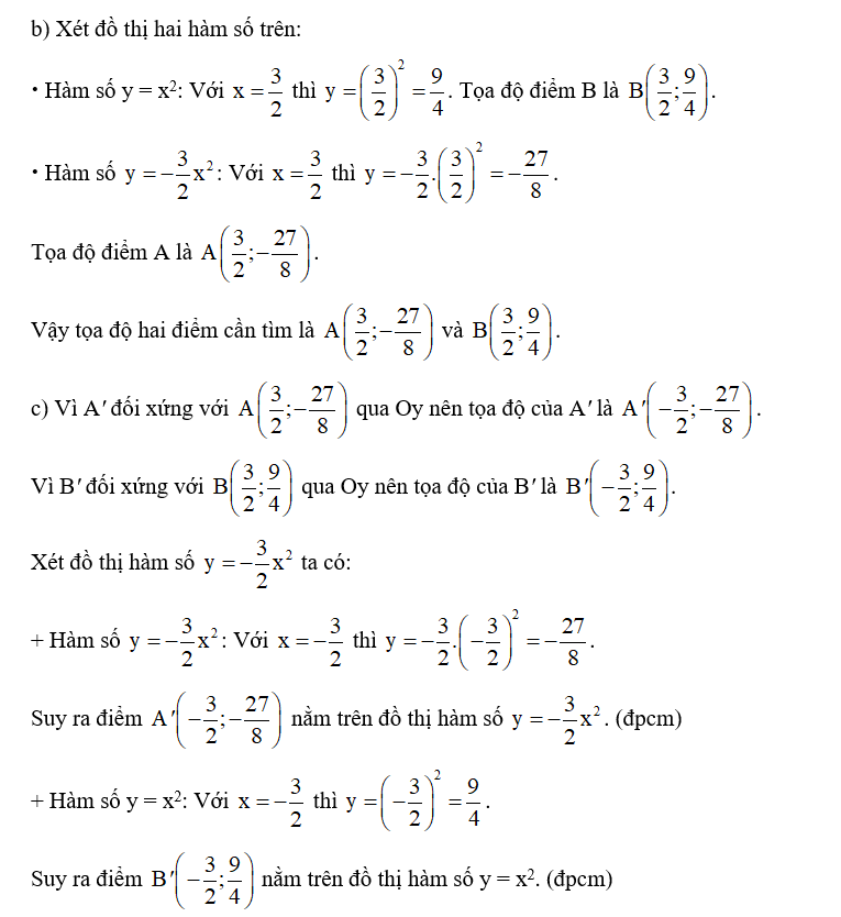 Cho hai hàm số: y= -3/2 x^2  và y = x2.  a) Vẽ đồ thị của hai hàm số này trên cùng một mặt phẳng toạ độ. (ảnh 2)