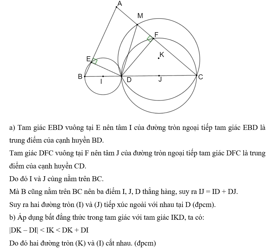 Cho tam giác nhọn ABC và điểm D nằm giữa B và C. Gọi E và F lần lượt là chân đường vuông góc hạ từ D xuống AB và AC. (ảnh 1)