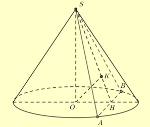 Cho hình nón có chiều cao bằng a. Biết rằng khi cắt hình nón đã cho bởi một mặt phẳng đi qua đỉnh hình nón và cách tâm của đáy hình nón một khoảng bằng (ảnh 1)