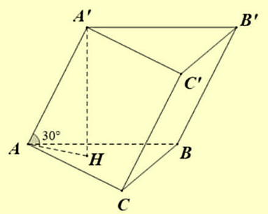 Cho hình lăng trụ \(ABC.A'B'C'\) có diện tích đáy \(S = 10{\rm{\;c}}{{\rm{m}}^2}\), cạnh bên tạo với mặt phẳng đáy một góc \({30^ \circ }\) và độ dài cạnh bên bằng \(10{\rm{\;cm}}\). Thể tích \(V\) của khối lăng trụ \(ABC.A'B'C'\) bằng (1) ______ \({\rm{c}}{{\rm{m}}^3}\). (ảnh 1)