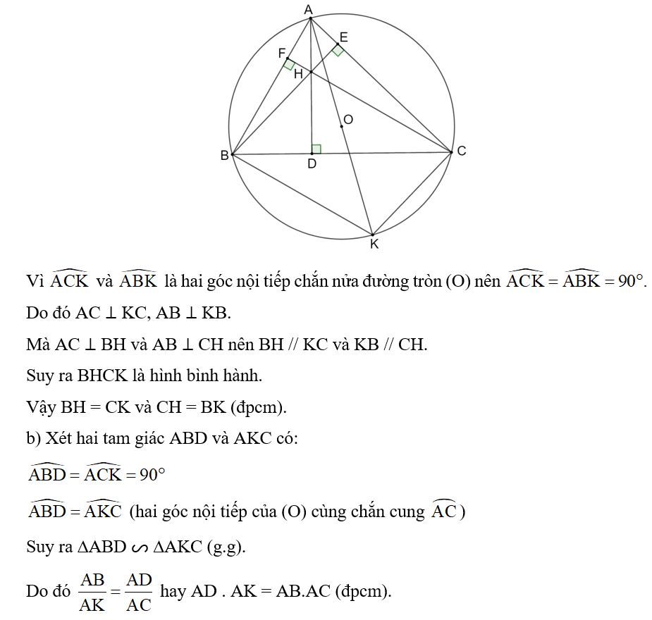 Cho tam giác nhọn ABC nội tiếp đường tròn (O). Ba đường cao AD, BE và CF của tam giác ABC (ảnh 1)