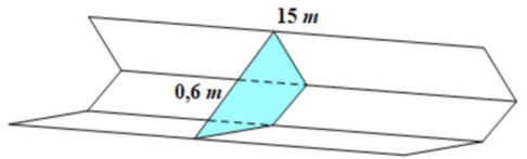 Một đơn vị xây dựng dự định đào một đường thoát nước dài \(15m\) như hình vẽ. Biết khoảng cách từ mặt đường tới lòng máng thoát nước bằng \(0,5{\rm{\;m}}\) và bề rộng máng là \(0,6{\rm{\;m}}\). Cắt máng nước theo phương vuông góc với lòng máng ta được thiết diện là hình thang cân. Chi phí để đào \(1{\rm{\;}}{{\rm{m}}^3}\) đất là 150000 đồng. Số tiền đơn vị được trả để đào hết mương này là (1) _______ đồng (Kết quả làm tròn đến hàng nghìn). (ảnh 1)