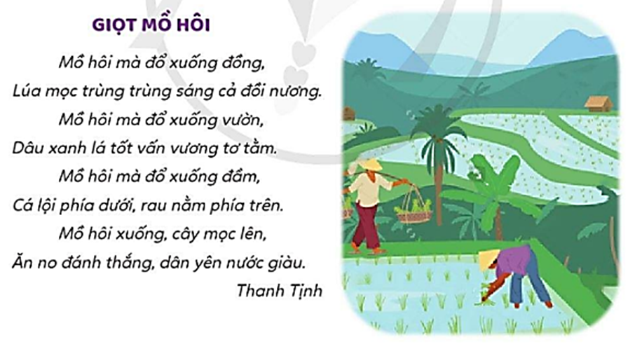 Em hãy đọc bài thơ và trả lời câu hỏiCâu hỏi: Hình ảnh giọt mồ hôi trên thể hiện điều gì? (ảnh 1)