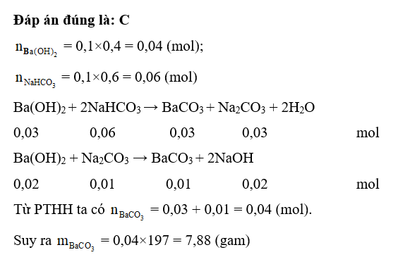 Cho 400ml dung dịch Ba(OH)2 0,1 M vào 600ml dung dịch NaHCO3 0,1 M. Sau phản ứng (ảnh 1)