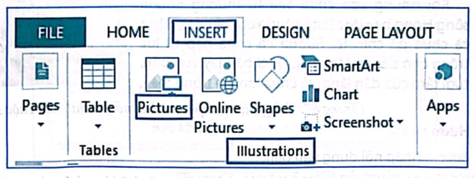 Sắp xếp các bước sau đây theo đúng thứ tự để chèn hình ảnh vào văn bản:  a) Chọn tệp hình ảnh cần chèn. b) Tìm đến thư mục chứa tệp ảnh cần chèn trong hộp thoại mở ra.  c) Mở dải lệnh Insert chọn Pictures trong nhóm lệnh Illustrations.  d) Nháy chuột chọn nút Insert trong hộp thoại. (ảnh 1)
