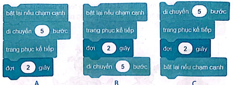 Cho dãy các hành động như sau:  1. Di chuyển 5 bước.  2. Thay đổi động tác.  3. Đợi 2 giây.  4. Nếu chạm cạnh sân khấu thì bật lại.  Khối lệnh nào sau đây điều khiển nhân vật thực hiện tuần tự các hành động trên? (ảnh 1)