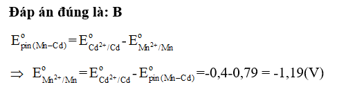 Cho pin điện hóa Mn-Cd có E pin ( Mn - Cd )  = 0,79 V và  E Cd 2+ / Cd= -0,40 V (ảnh 1)