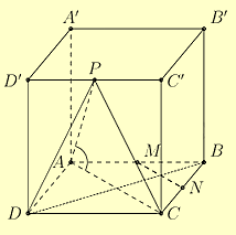 Cho hình lập phương \(ABCD.A'B'C'D'\) cạnh \(a\). Gọi \(M,N,P\) lần lượt là trung điểm các cạnh \(AB,BC,C'D'\). Kéo số ở các ô vuông thả vào vị trí thích hợp trong các câu sau: (ảnh 2)