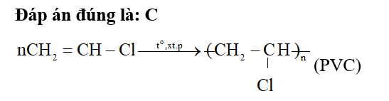 Trùng hợp monomer CH2=CH–Cl thu được chất dẻo nào sau đây? A. PE.			 (ảnh 1)