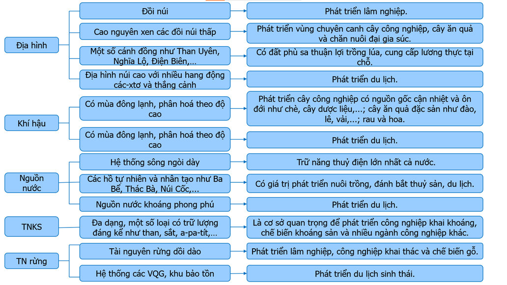 Lập sơ đồ theo gợi ý sau về thế mạnh để phát triển kinh tế vùng Trung du và miền núi Bắc Bộ. (ảnh 1)