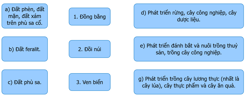 Ghép thông tin ở cột bên trái, bên phải với thông tin ở giữa cho phù hợp về đặc điểm địa hình và đất ở vùng Đồng bằng (ảnh 1)