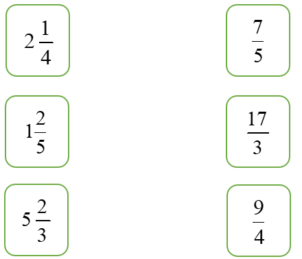 Nối phân số thập phân và các hỗn số bằng nhau\[2\frac{1}{4}\]\[2\frac{1}{4}\]\[\frac{7}{5}\]\[\frac{7}{5}\]\[\frac{{17}}{3}\]\[\frac{{17}}{3}\]\[1\frac{2}{5}\]\[1\frac{2}{5}\]\[\frac{9}{4}\]\ (ảnh 1)