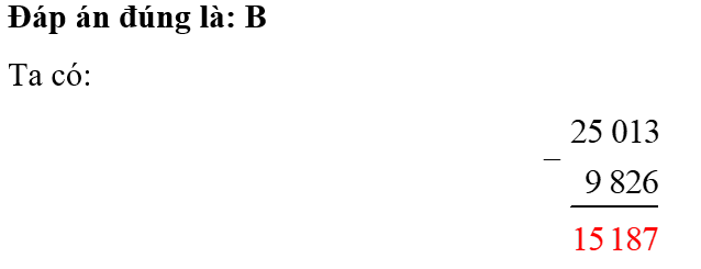 Số bị trừ là 25 013, số trừ là 9 826. Vậy hiệu là:  (ảnh 1)