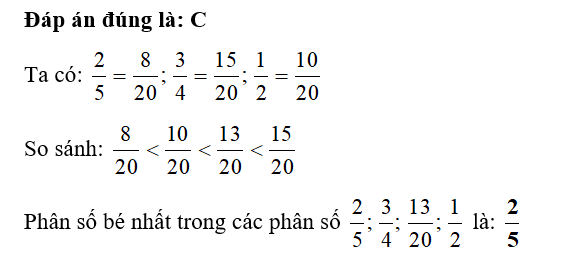 Phân số bé nhất trong các phân số 2/5 ;3/4 ; 13/20; 1/2  là: (ảnh 1)