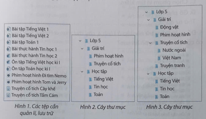 Để quản lí, lưu trữ các tệp ở Hình 1, cây thư mục ở Hình 2 hay Hình 3 có cấu trúc không phù hợp? Tại sao? (ảnh 1)