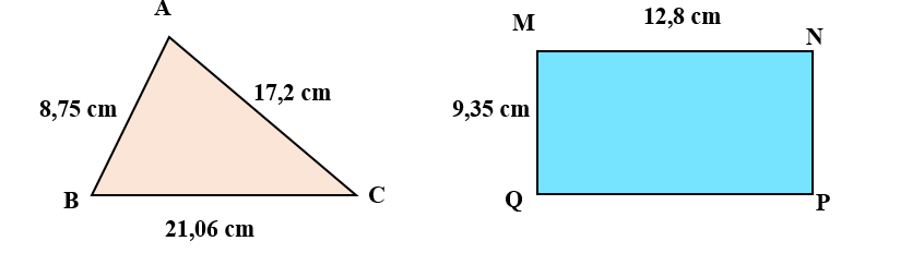 Cho tam giác ABC và hình chữ nhật MNPQ có kích thước như hình vẽ. Hỏi hình nào có chu vi lớn hơn? (ảnh 1)